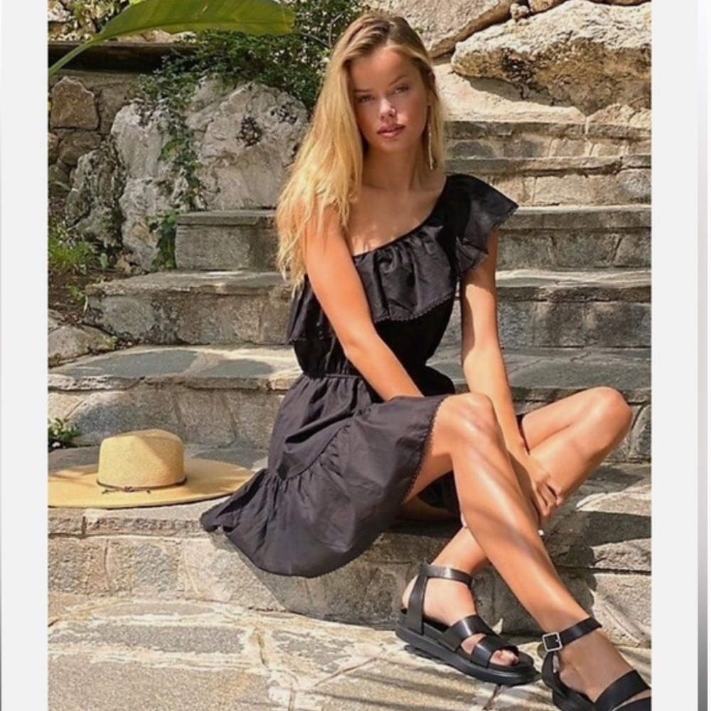 Free People Lovers Lane One Shoulder Mini Dress Black Ruffle